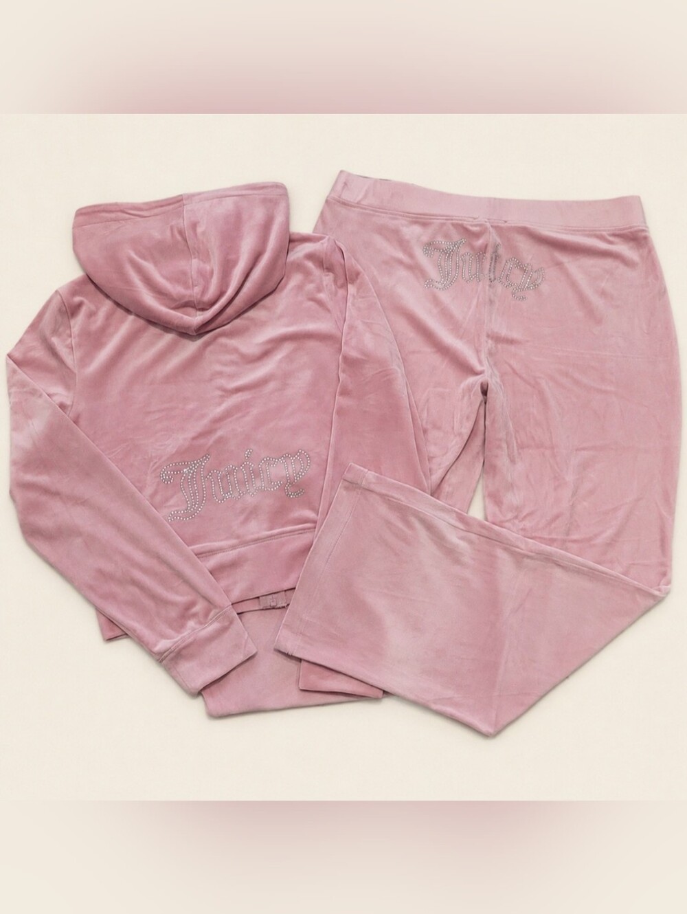 Juicy Couture Light Pink Hallow Rhinestone Logo Zip Up Hoodie & Pants Set - L/XL